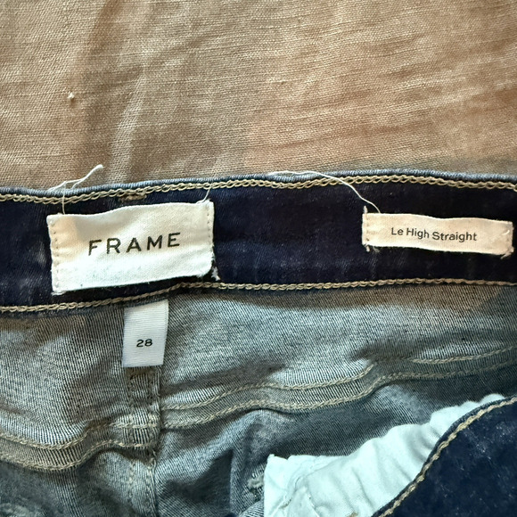 Frame Le High Straight Jeans Dark Wash Raw Hem Blue Size 28 - Picture 7 of 9